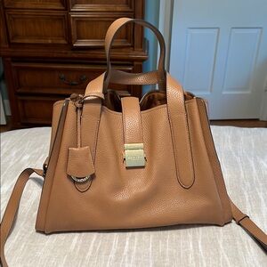 Radley London Tan Satchel with Gold Clasp and Structured Design